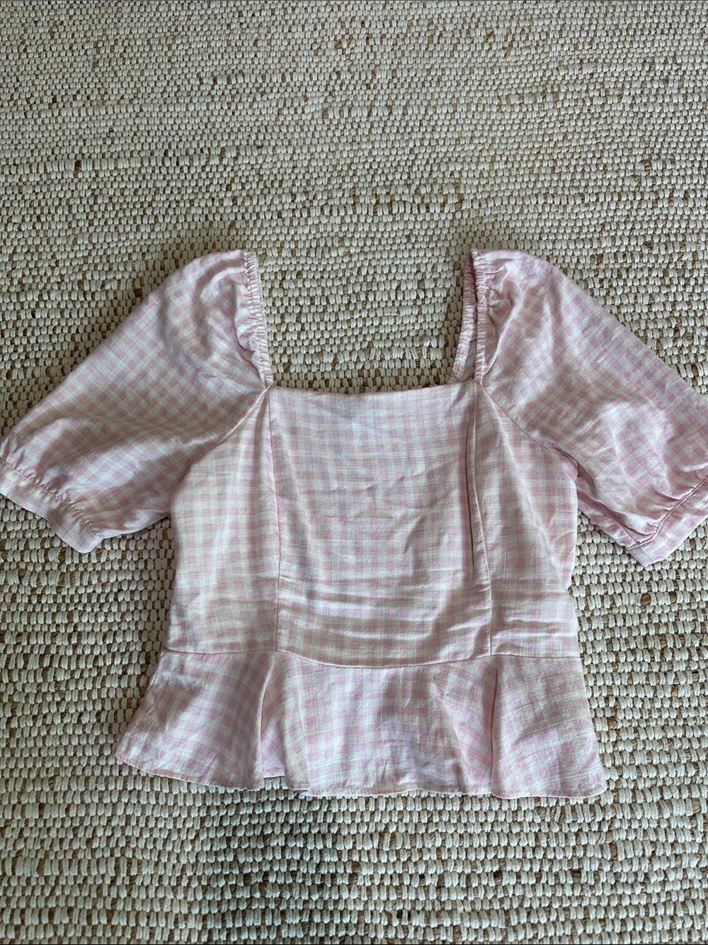 Draper James Pink Gingham Square-Neck Peplum Top